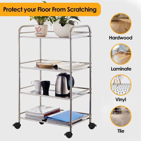 3-tier shelving unit with plants and appliances on 2 Inch Stem Swivel Caster Wheels With Brakes Replacement For Furniture 110 Lbs Per Caster 330 Lbs For Four Casters Premium PP And Steel Durable Lightweight Easy To Install Kit Ideal For Office Chairs Workstations Carts And Shelving Units With Included, shown on various floor types.