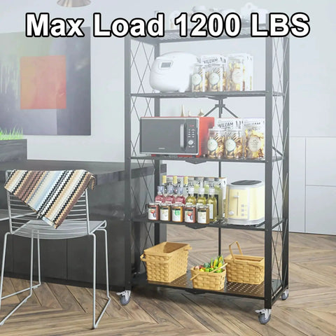 Black shelving unit with various items, supported by 5 Inch Locking Swivel Casters With Brake, 1200 lbs max load displayed.