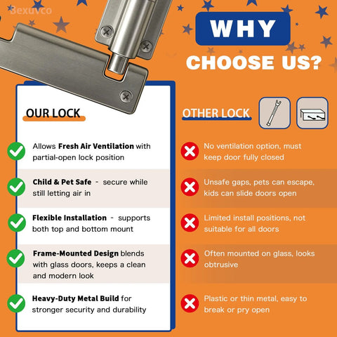 Comparison between sliding door security lock features and other locks with sliding door security lock for fresh air ventilation visible