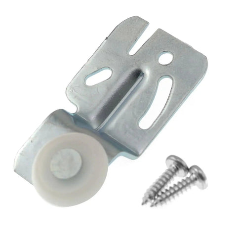 Metal silver bracket with wheel for Closet Sliding Door Roller Kit With Hanging Rails Hardware, includes screws, durable galvanized steel.