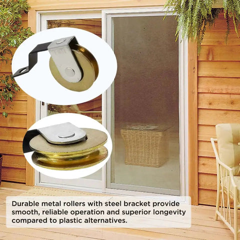 4 Pack Sliding Screen Door Rollers Replacement Kit With Steel Tension Spring Wheels Fits B638 B687 B639 B756 Doors 1 Inch Diameter Rollers Replace On Both Top And Bottom For Smooth Quiet Operation showing metal rollers and sliding door