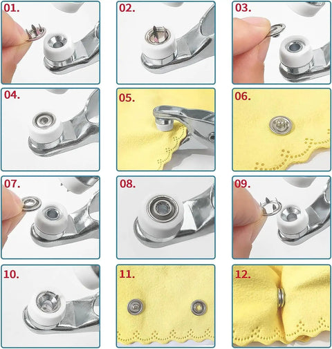 Step-by-step process using Ultimate Metal Snap Button Kit With Pliers Press Tool for DIY clothing, hats, and sewing projects.