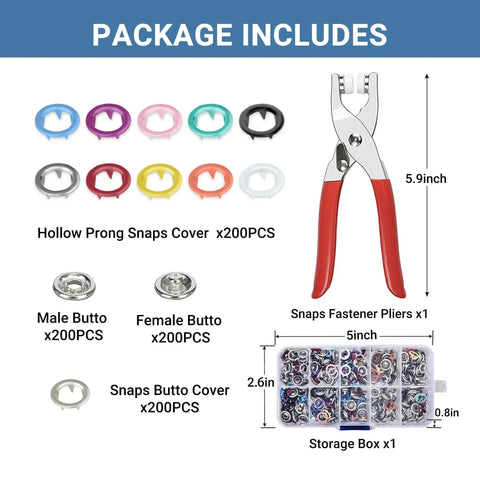 Metal Snap Button Kit With Pliers Tool Set For DIY Sewing, 9.5mm Prong Snaps, Multicolor Hollow Finish, includes pliers and storage box.