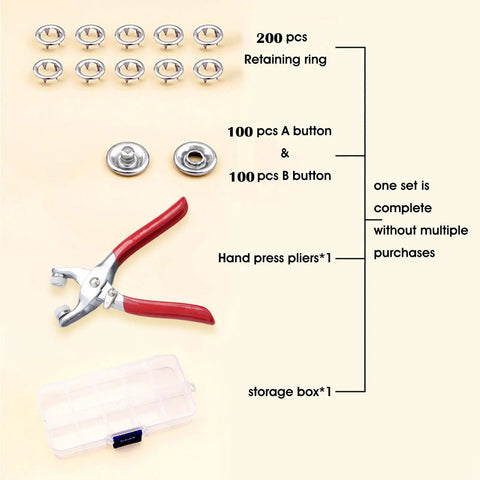 All In One Metal Snap Button Kit With Pliers For DIY Clothes Hats And Sewing, 400 Snap Pieces, 100 Sets, with storage box and pliers