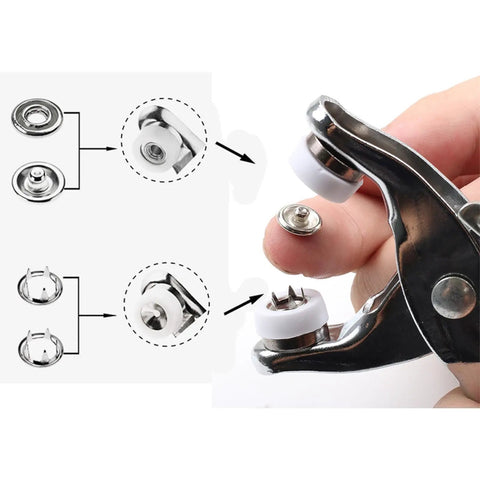Close-up view of All In One Metal Snap Button Kit With Pliers For DIY Clothes Hats And Sewing, showing snap assembly.