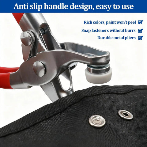 100 Sets Snap Button Kit With 10 Colors, metal snaps and pliers fastener parts in use on black fabric, durable and easy to install.