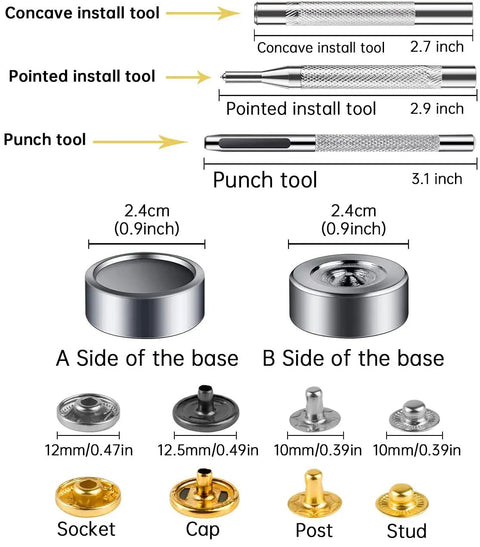 132 Sets Leather Snap Fasteners Kit 12.5 mm Metal Snaps With 4 Fixing Tools, showing tools and snap components in different sizes and finishes.