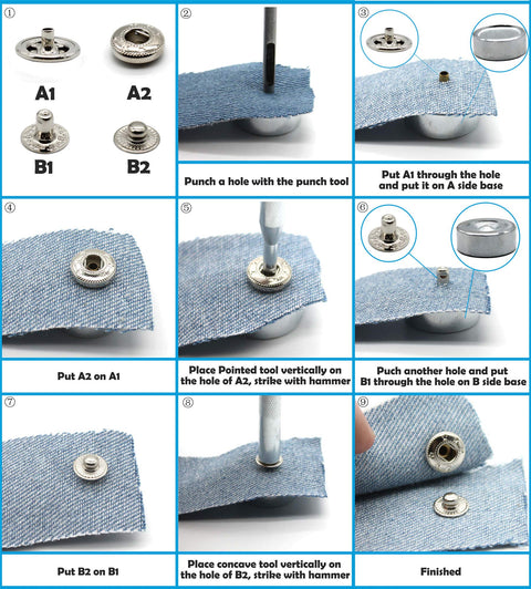 Step-by-step guide using Leather Snap Fasteners Kit 12 Set 15mm Metal Snaps with Four Install Tools for clothing, jeans, and bags.