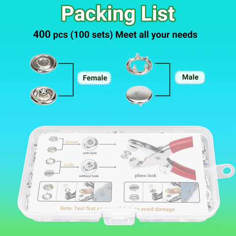 Packaging of Metal Snap Button Kit For Fabric DIY Sewing 9.5mm Snaps With Pliers Press Tool, 100 Sets 402 Pcs, hardware components visible.