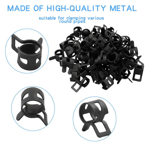 50 Pack 8mm ID Spring Band Clamps For Fuel Hose, Air Tube And Water Line, shown in black metal with 8mm band width, detailed views