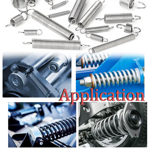 Assorted metal springs for machinery and vehicles, featuring close-up applications and usage settings on mechanical devices and engines.