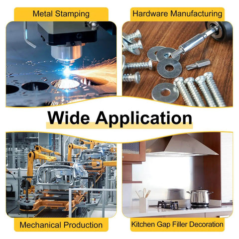 Collage showing metal stamping, hardware manufacturing, mechanical production, and kitchen gap filler decoration applications