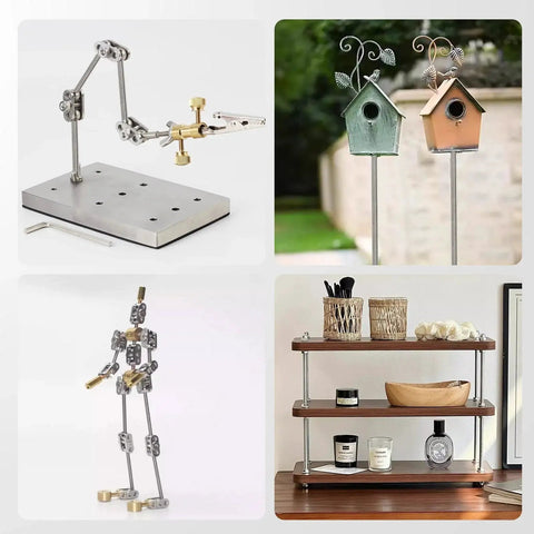 Assorted metal tools and decorative items including model stand, birdhouse stakes, robot figure, and shelving unit.