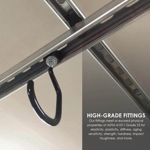 Close-up of a durable 14 gauge metal strut channel with electro galvanize finish, slotted back, featuring a mounted hook for support.