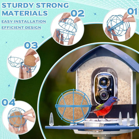 Two Pack Metal Suet Ball Holders For Bird Buddy Smart Feeders with blue plate and screws, shown with perched bird near feeder.