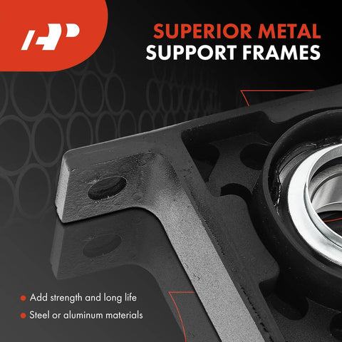 Close-up of heavy duty driveshaft center support bearing for Dodge Ram with 1.575 inch internal diameter, metal frame