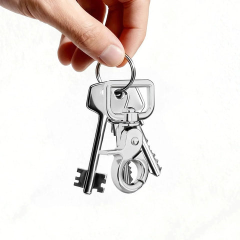 Hand holding keyring with heavy duty swivel snap hook 2.24 inch length, attached with keys, showcasing 360 degree tangle free swivel.