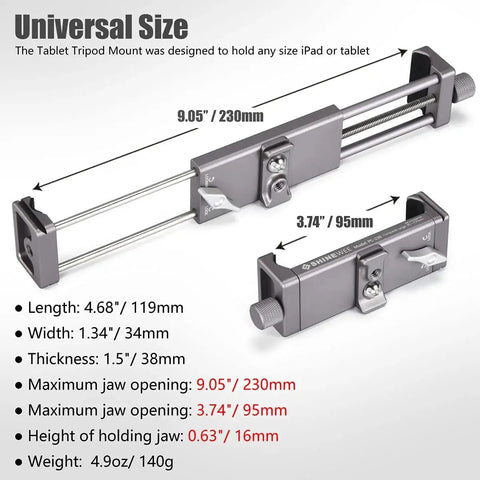 Full Metal Tablet Tripod Holder With Universal Clamp And Arca Swiss Dovetail Mounts dimensions and adjustment range diagram.