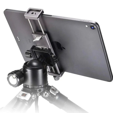 Full Metal Tablet Tripod Holder With Universal Clamp And Arca Swiss Dovetail Mounts for iPad on tripod, secure locking lever visible
