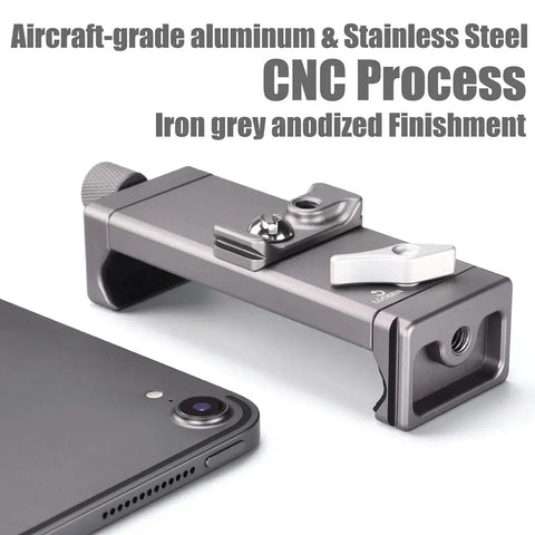 Full Metal Tablet Tripod Holder with Universal Clamp and Arca Swiss Dovetail shown with aircraft-grade aluminum and stainless steel, iron grey anodized finish.