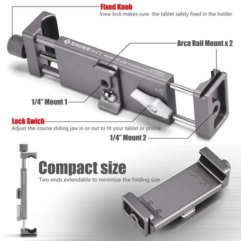 Full Metal Tablet Tripod Holder With Universal Clamp And Arca Swiss Dovetail Mounts for tablets showing adjustable lock lever