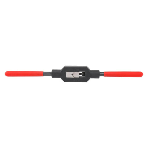 Beefed Up Adjustable Metal Tap Handle Reamer Wrench for Screw Tapping and Repair, alloy steel, red handles, front view