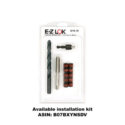 E Z LOK Thread Repair Kit with drill bit, installation tool, and 12L14 carbon steel threaded inserts for metal repair.