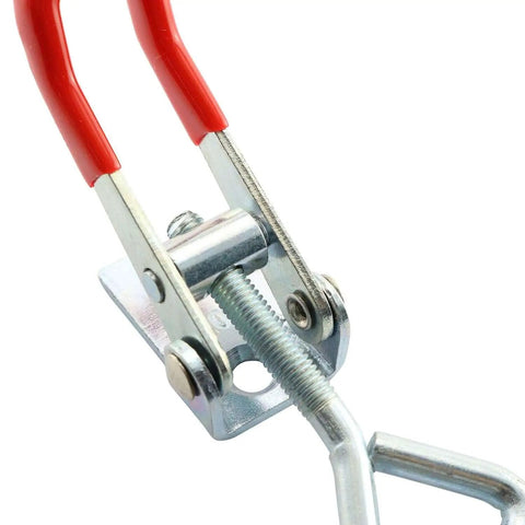 Durable latch set with metal clip and plastic grip handle provides a secure, comfortable grip; small side-mount toggle clamp close-up