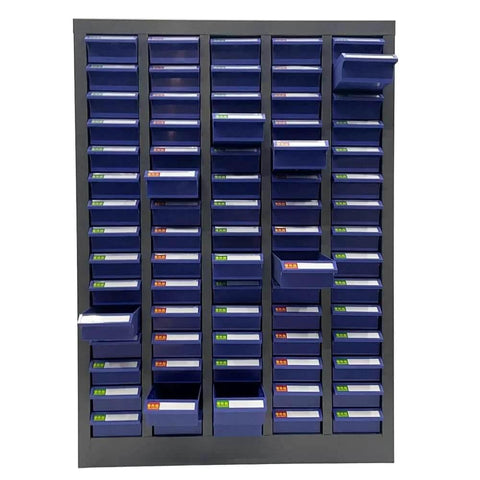 Front view of Bolt and Nut Tool Storage Cabinet 75 Drawers Parts Cabinet Contains Assortment KIT Metal Organization Shelves for Garage