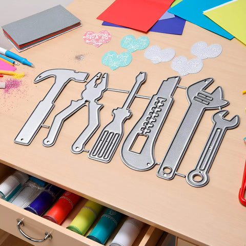 Must Have All Purpose Die Cut For Card Making And Scrapbooking with intricate tool-shaped metal cutting dies on a crafting table
