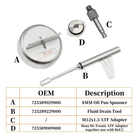 Metal Transmission Oil Filling Tool for Mercedes 725.0 9G Tronic 9 Speed ATF Oil Change Kit components with spanner and drain tool.