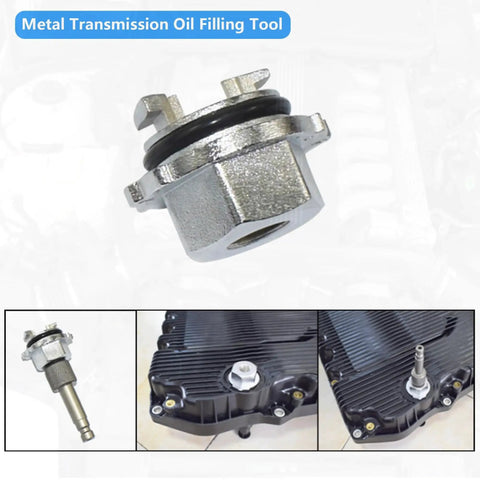 Metal Transmission Oil Filling Tool for Mercedes 725.0 9G Tronic 9 Speed ATF Oil Change Kit adapter and installed views