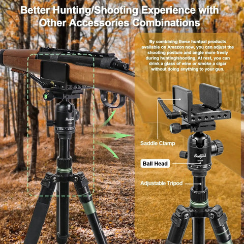 All Metal 36mm Tripod Ball Head for Rifle Rests and Shooting Sticks installed on a rifle with saddle clamp in a wooded setting