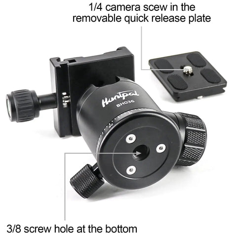 All Metal 36mm Tripod Ball Head for Rifle Rests with Arca Swiss Quick Release Plate, showing 1/4 screw and 3/8 thread mount