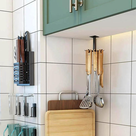 2 Pcs Under Cabinet Metal Utensil Hanger with 6 Rotatable Claws holding kitchen tools under cabinet
