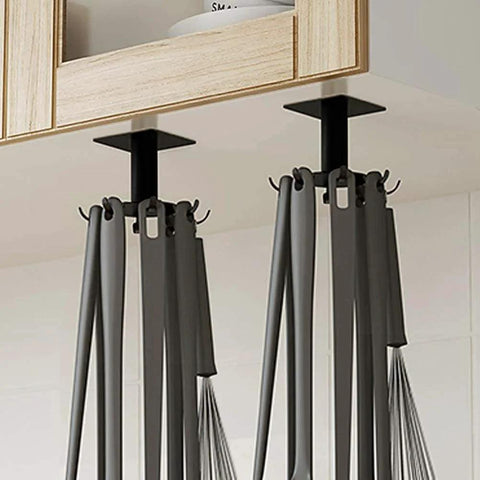 2 Pcs Under Cabinet Metal Utensil Hanger with 6 Rotatable Claws installed under wooden cabinet