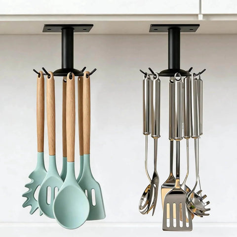 Utensil Hooks, 2 Pack Metal Kitchen Utensil Hangers Rack 360° Rotating Under Cabinet Utensil Hooks Top Mounted with 6 Rotatable Claws