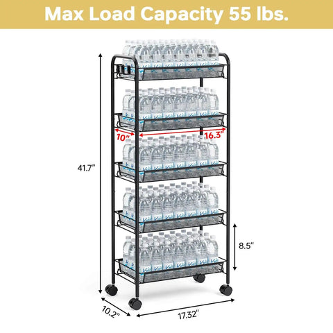 Five Tier Metal Utility Cart On Wheels With Three Hooks For Kitchen Bathroom And Laundry Room Storage Easy Assembly Mobile Trolley Perfect For Home Office Garage Or Studio Organizing Durable Steel Shelving Unit With Sturdy Wheels TOOLF showcasing five shelves stocked with bottled water.
