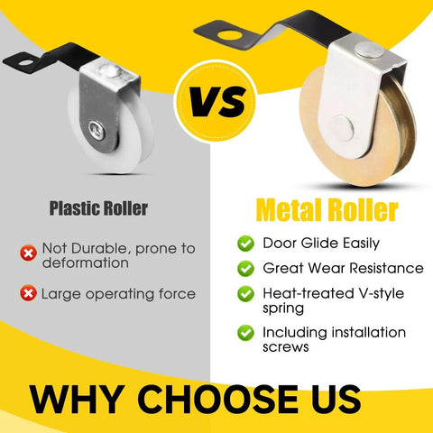 Comparison between plastic roller and metal roller for sliding doors, highlighting durability and performance features.