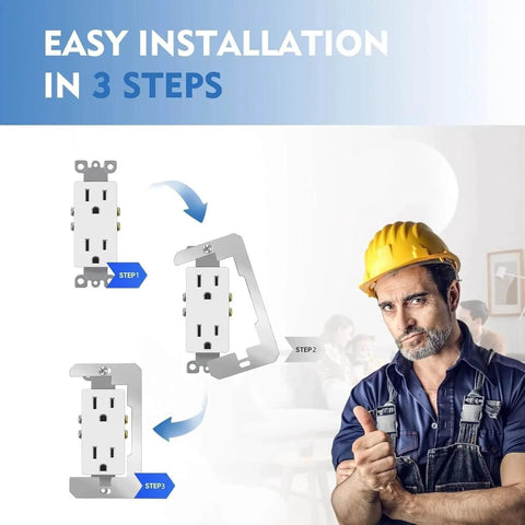 Installation steps for 20 Pack Metal Wall Plate Spacers For Flush Mount Outlets And Switches Outlet Extender Shims with worker in background.