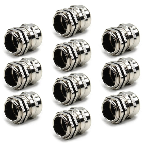 Ten Pack Metal Waterproof M20 Cable Glands Joints With Adjustable Threaded Connectors In Silver For 6 To 12 Mm Cable Diameter Built Tough For All Weather Use Dustproof Gland Set You Can Truly Rely On For Harsh Environments. 