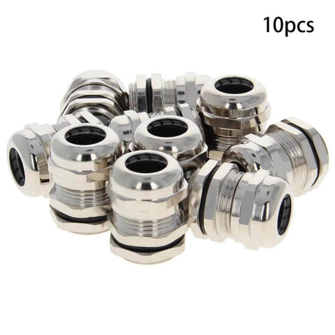 Ten Pack Metal Waterproof M20 Cable Glands Joints With Adjustable Threaded Connectors In Silver For 6 To 12 Mm Cable Diameter Built Tough For All Weather Use Dustproof Gland Set You Can Truly Rely On For Harsh Environments, side view