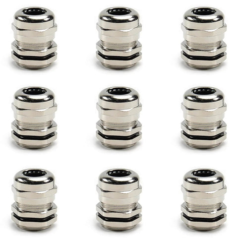 Ten Pack Metal Waterproof M20 Cable Glands Joints With Adjustable Threaded Connectors In Silver For 6 To 12 Mm Cable Diameter Built Tough For All Weather Use Dustproof Gland Set You Can Truly Rely On For Harsh Environments front view