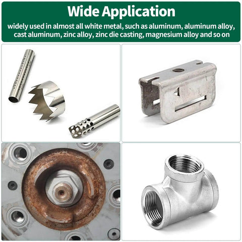 Image showcasing metal welding applications with various metal parts illustrating usage, including aluminum, zinc, and magnesium alloy components.