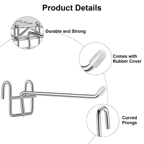 Hooks for Wire Shelving, metal hooks with rubber cover detailing, shown with curved prongs and sturdy build, suitable for grid panels.