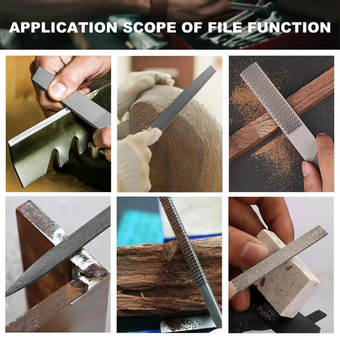 19-Piece Metal And Wood File Set with Tool Bag showing vivid applications on metal, wood, and plastic surfaces