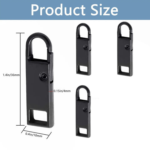 Durable Metal Zipper Pull Replacement Tabs Clip On For Luggage Backpacks Suitcases Jackets Purses And Handbags 6 Pack Easy Install No Tools Needed Quick Fix shown with size measurements