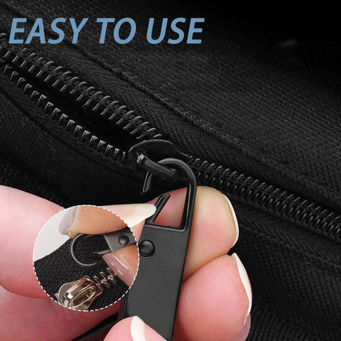 Durable Metal Zipper Pull Replacement Tabs Clip On For Luggage Backpacks Suitcases Jackets Purses And Handbags 6 Pack Easy Install No Tools Needed Quick Fix shown installed on a black zipper.