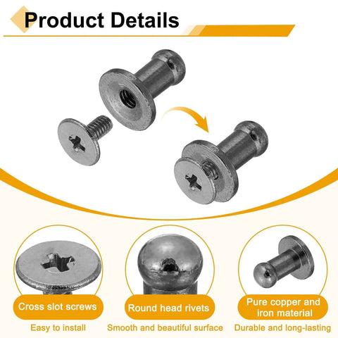 Close-up of 16Pcs Ball Head Button Stud Rivets With Screw Back For Leather Crafts, showcasing metallic black finish and cross slot screws.