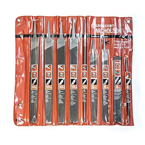 9-Piece maintenance file set for 6, 8, and 10 inch files includes smooth, bastard, and mill cuts in red storage pouch